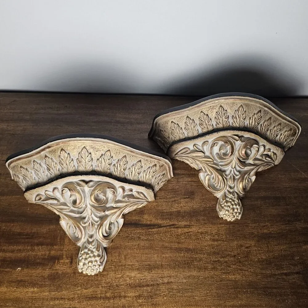 Vintage Pair of Italian-Style Wall Sconce Shelves – Distressed Ivory & Gold